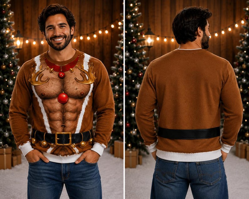 Personalize Abs Hairy Santa Ugly Sweater, Ugly Christmas Sweater, Funny Chest Xmas Shirt, Men's Holiday Party Gift