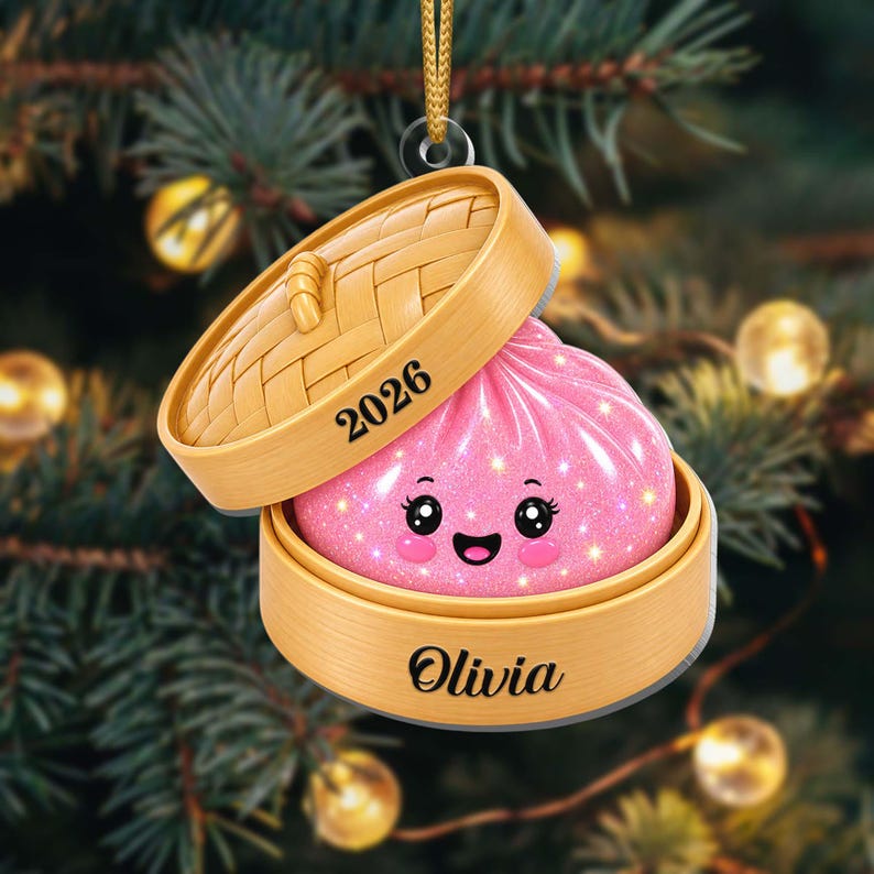 Personalized Faux Glitter Dumpling Ornament, Bamboo Steamer, 2026 Xmas Keepsake