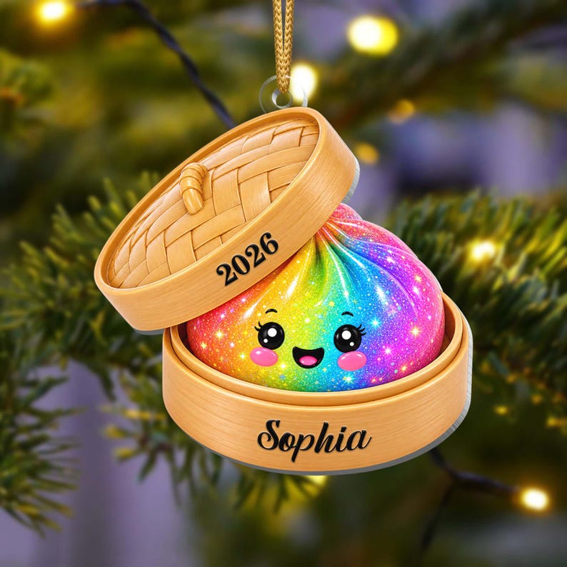 Personalized Faux Glitter Dumpling Ornament, Bamboo Steamer, 2026 Xmas Keepsake