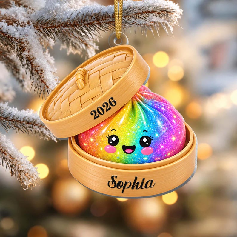 Personalized Faux Glitter Dumpling Ornament, Bamboo Steamer, 2026 Xmas Keepsake