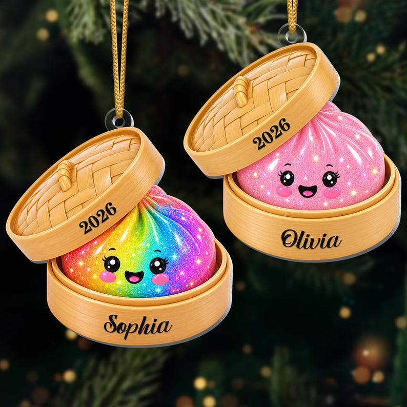 Personalized Faux Glitter Dumpling Ornament, Bamboo Steamer, 2026 Xmas Keepsake