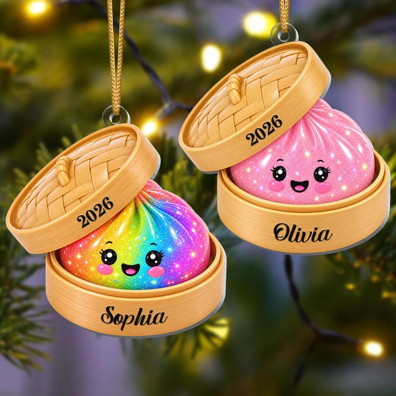 Personalized Faux Glitter Dumpling Ornament, Bamboo Steamer, 2026 Xmas Keepsake