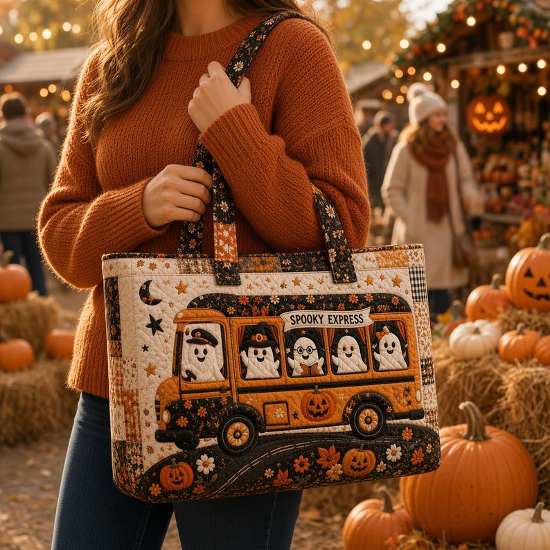 Ghost Bus Halloween Quilted Tote Bag, Spooky Cute Patchwork Shoulder Bag, Fall Ghost Tote, Halloween Pumpkin Bag