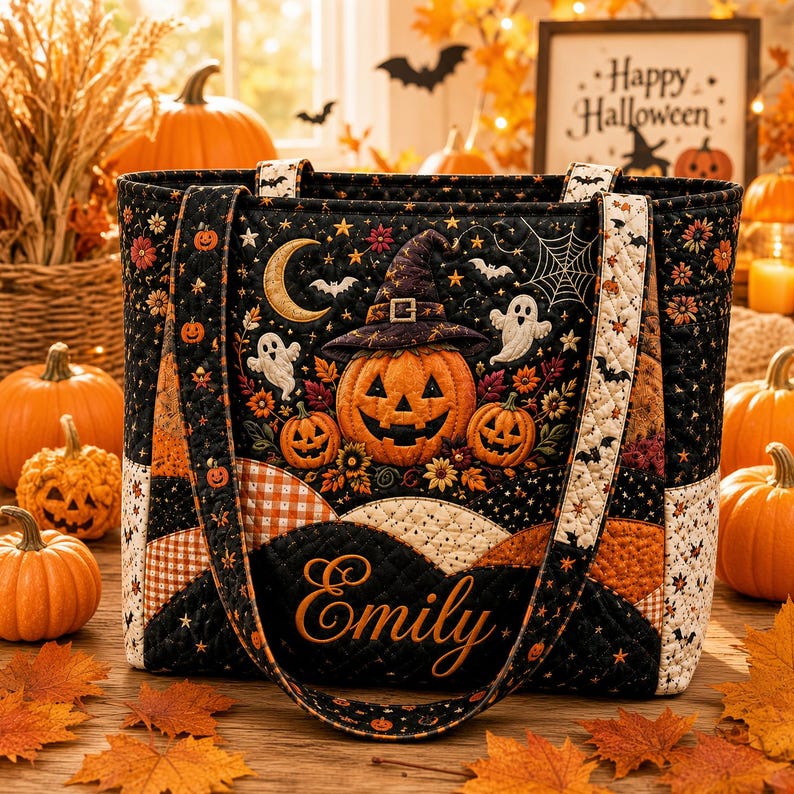 Personalized Halloween Quilted Handbag, Pumpkin Ghost Tote Bag, Spooky Witch Bag, Fall Floral Tote for Women