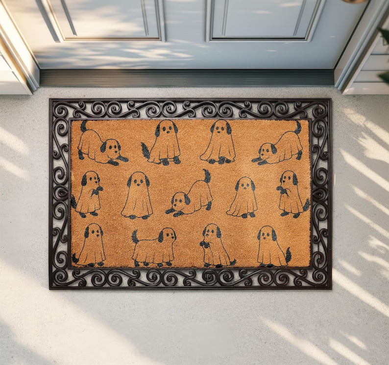 Ghost Dog Halloween Coir Doormat, Cute Spooky Welcome Mat, Coir Front Porch Decor, Dog Lover Gift, Trick or Treat Fall Mat