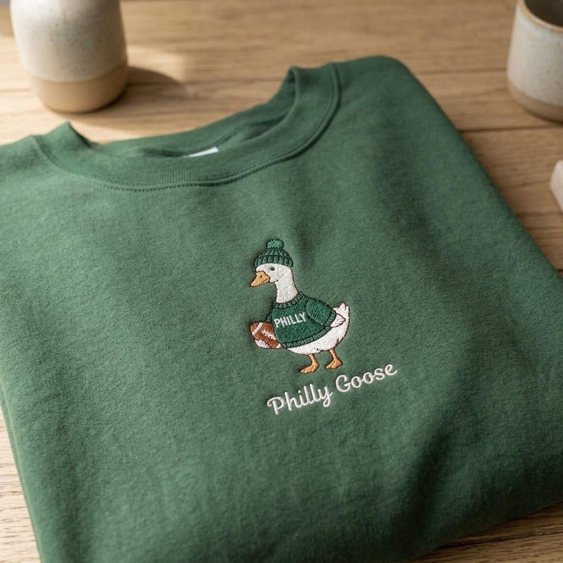 Embroidered Philly Goose Sweatshirt, Funny Philadelphia Football Crewneck, Green Game Day Mascot Pullover