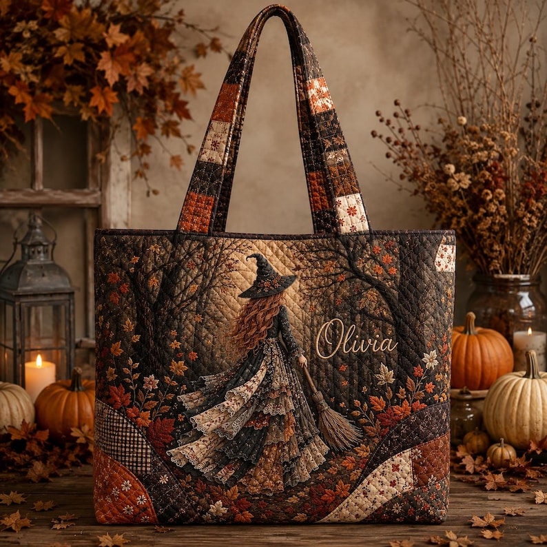 Personalized Witch Quilted Tote Bag, Custom Witch Patchwork Shoulder Bag, Gothic Halloween Tote
