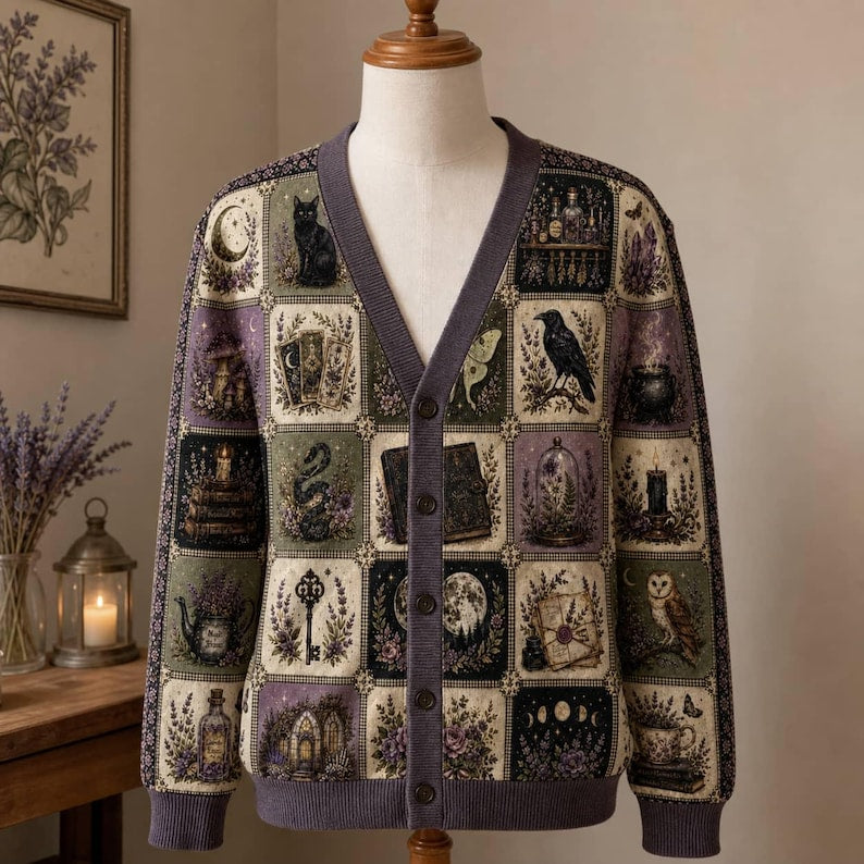 Witchy Botanical Knitted Cardigan, Celestial Moon Raven Patchwork V-Neck Sweater