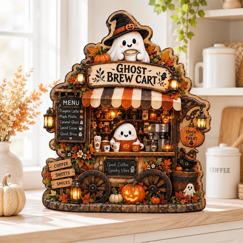 Halloween Ghost Coffee Cart Decor, Spooky Coffee Bar Sign, Fall Wooden Table Decor, Cute Ghost Cafe Plaque, Trick or Treat