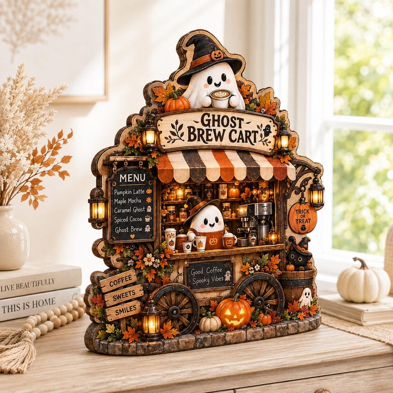 Halloween Ghost Coffee Cart Decor, Spooky Coffee Bar Sign, Fall Wooden Table Decor, Cute Ghost Cafe Plaque, Trick or Treat
