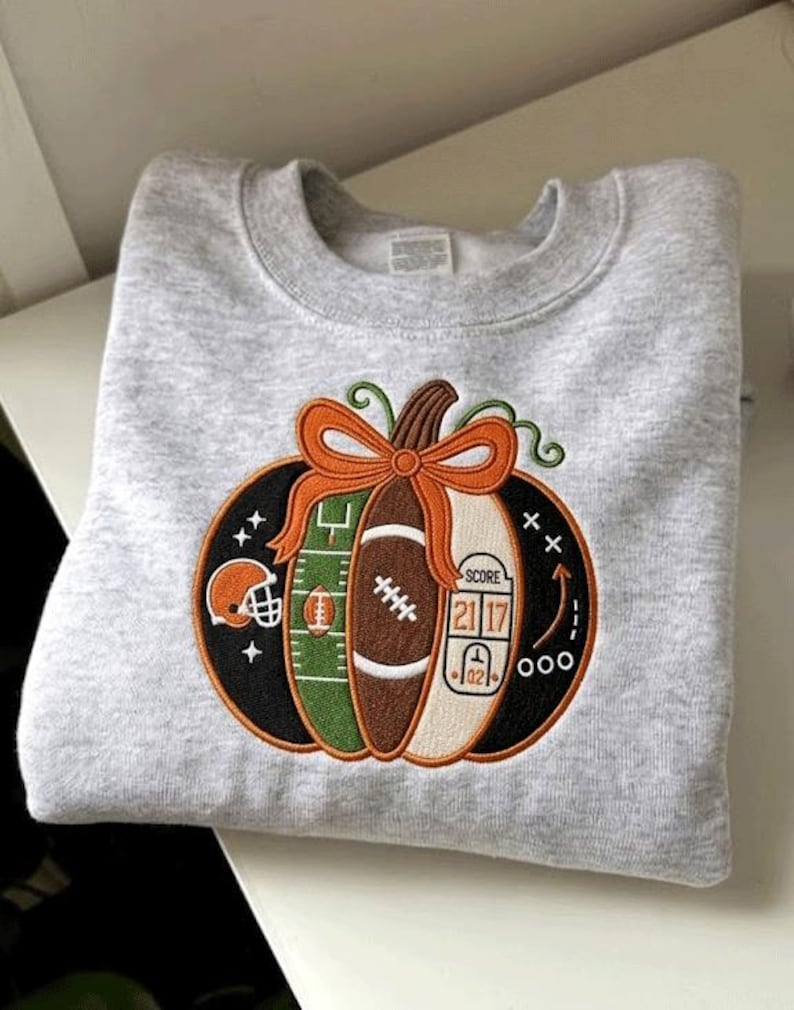 Embroidered Football Pumpkin Bow Sweatshirt, Coquette Fall Game Day Crewneck, Thanksgiving Halloween Football Pullover