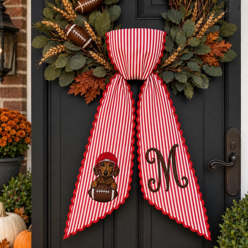 Custom Pet Football Wreath Sash, Fabric with Embroidered Monogram and Lace Trim
