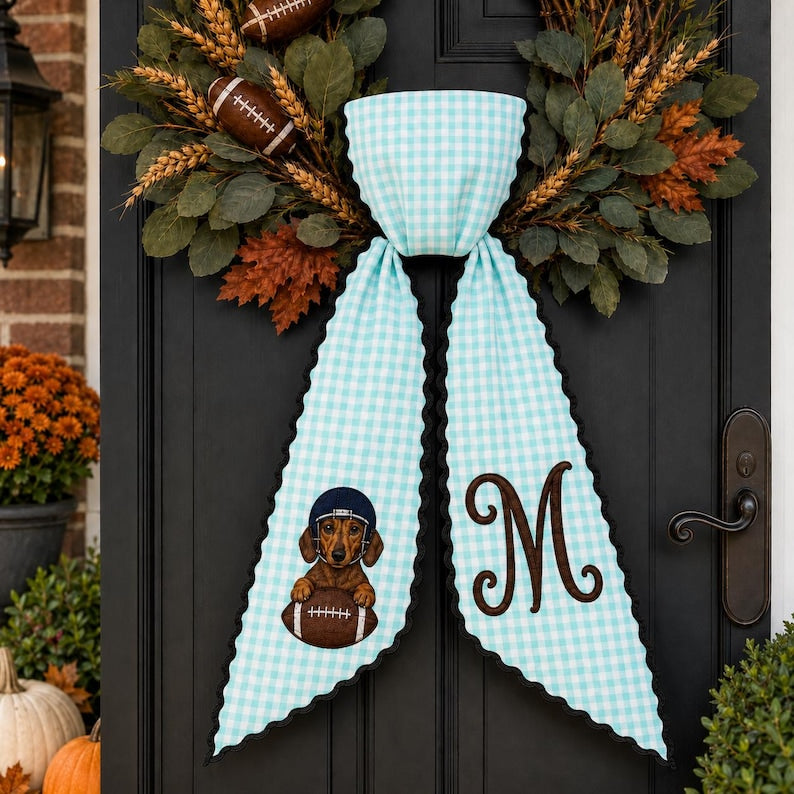 Custom Pet Football Wreath Sash, Fabric with Embroidered Monogram and Lace Trim
