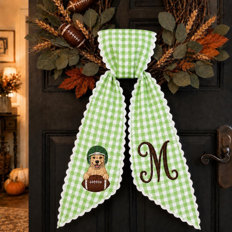 Custom Pet Football Wreath Sash, Fabric with Embroidered Monogram and Lace Trim