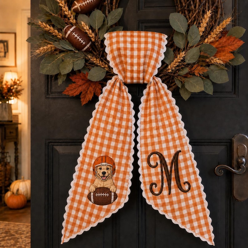 Custom Pet Football Wreath Sash, Fabric with Embroidered Monogram and Lace Trim