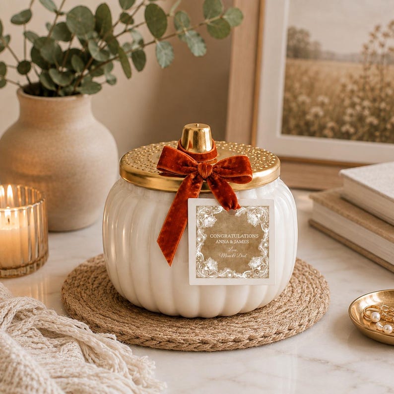 Personalized Ceramic Pumpkin Shaped Candle, Custom Fall Gift, Hostess Housewarming Gift