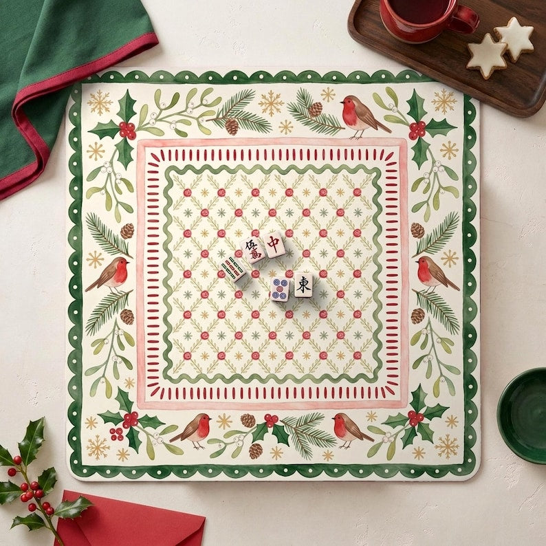 Holly Winterberry Mahjong Mat, Christmas Botanical Game Mat, Colorful Botanical Mahjong Mat