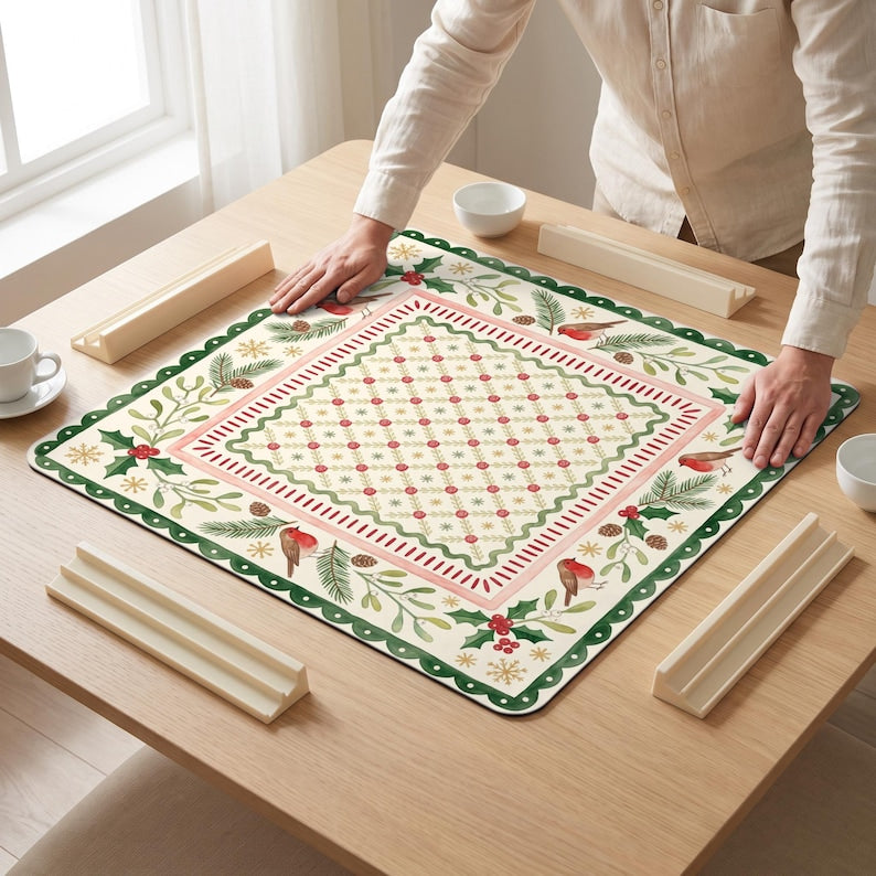 Holly Winterberry Mahjong Mat, Christmas Botanical Game Mat, Colorful Botanical Mahjong Mat