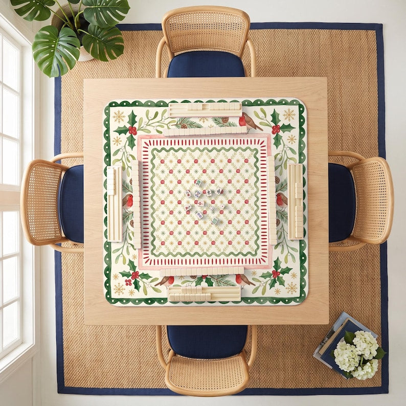 Holly Winterberry Mahjong Mat, Christmas Botanical Game Mat, Colorful Botanical Mahjong Mat