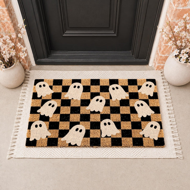 Checkerboard Ghost Coir Doormat, Halloween Welcome Mat, Spooky Front Door Decor