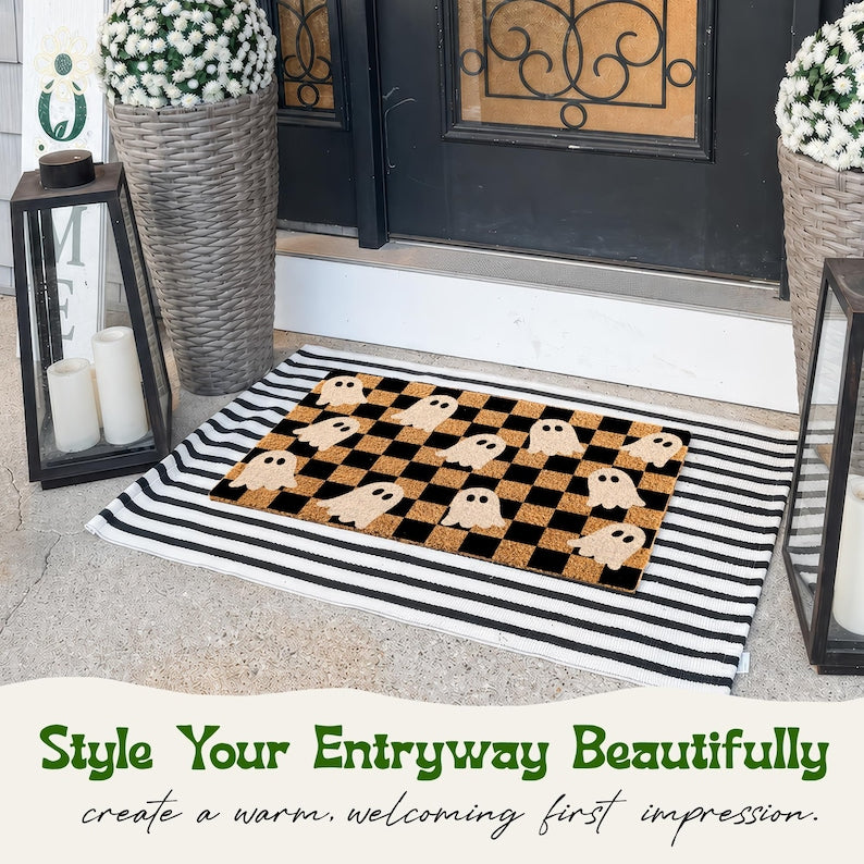 Checkerboard Ghost Coir Doormat, Halloween Welcome Mat, Spooky Front Door Decor