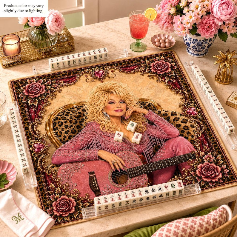 D.P Mahjong Mat, Queen Of Country Mahjong, Sparkling Pink Guitar Decor, Unique Table Playmat Gift, Iconic Music