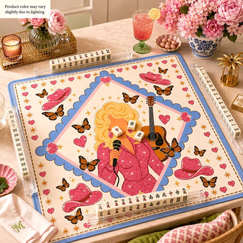 Country Music Mahjong Mat, D.P Glam Decor, Western Home Game Mat, Pink Butterfly Hearts Game Table Art