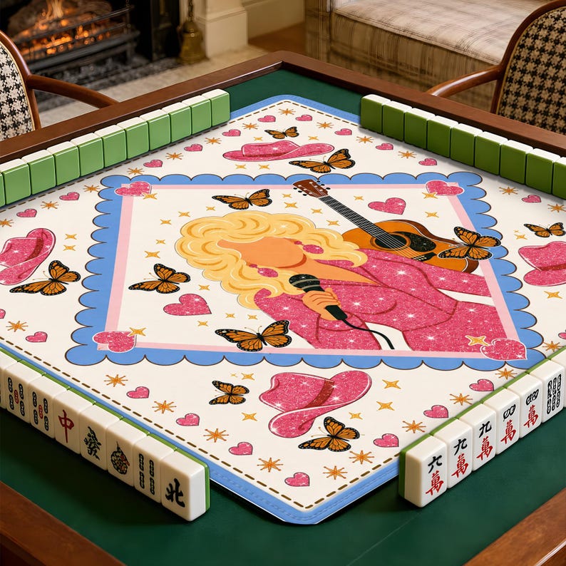 Country Music Mahjong Mat, D.P Glam Decor, Western Home Game Mat, Pink Butterfly Hearts Game Table Art