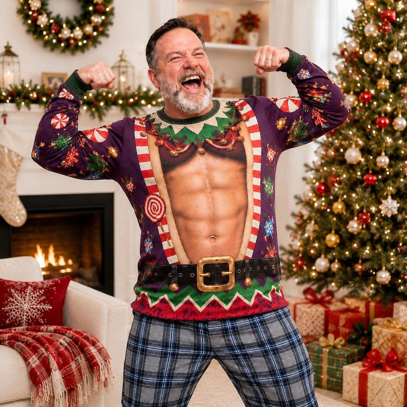 Personalized Ugly Christmas Sweater, Custom Funny Abs Dad Bod Knitted Sweatshirt