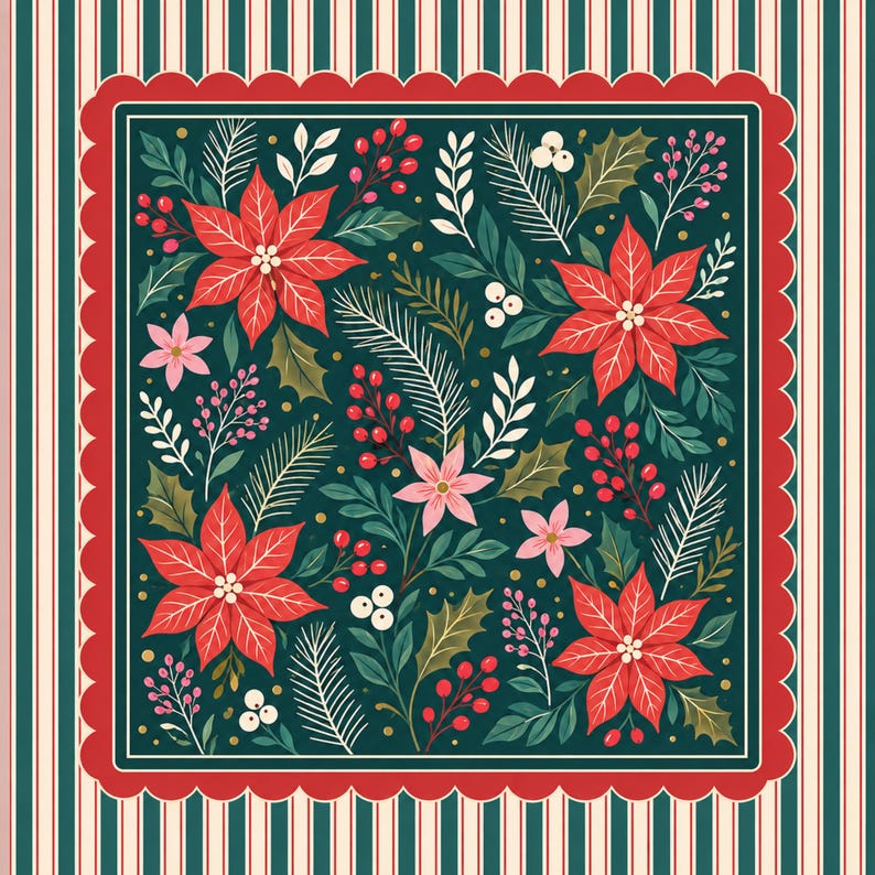 Poinsettia Christmas Mahjong Mat, Holiday Floral Mah Jongg Table Cover, Red Green Game Mat