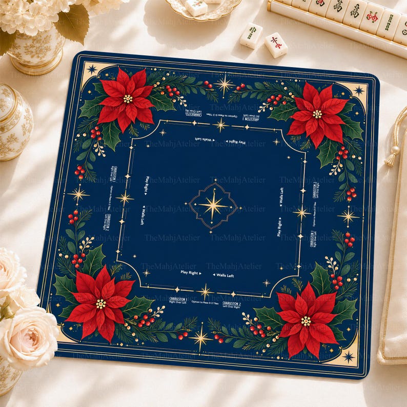 Poinsettia Christmas Mahjong Mat, Navy Holiday Floral Mah Jongg Table Cover, Winter Game Mat