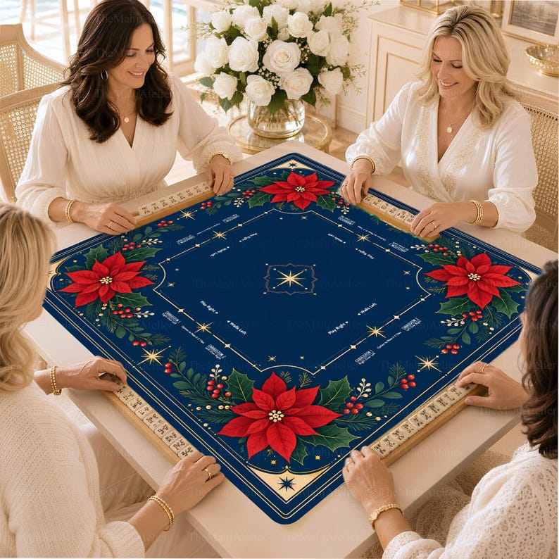 Poinsettia Christmas Mahjong Mat, Navy Holiday Floral Mah Jongg Table Cover, Winter Game Mat