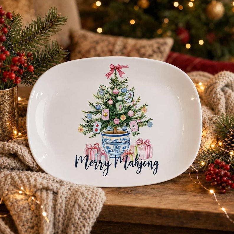 Merry Mahjong Christmas Platter Preppy Holiday Oval Tray Mahjong Lover Gift