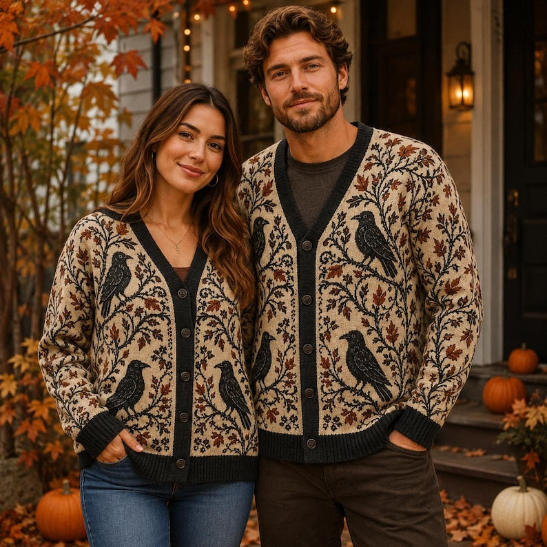 Raven Knitted Cardigan, Gothic Crow Sweater, Autumn Leaves Knit Cardigan, Dark Academia Fall Sweater, Witchy Bird Lover Gift
