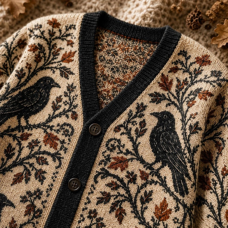 Raven Knitted Cardigan, Gothic Crow Sweater, Autumn Leaves Knit Cardigan, Dark Academia Fall Sweater, Witchy Bird Lover Gift