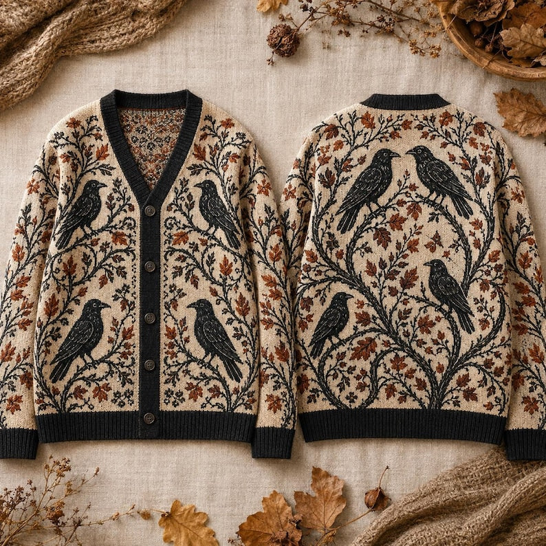 Raven Knitted Cardigan, Gothic Crow Sweater, Autumn Leaves Knit Cardigan, Dark Academia Fall Sweater, Witchy Bird Lover Gift