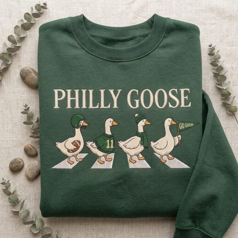 Embroidered Philly Goose Sweatshirt, Funny Philadelphia Football Crewneck, Go Birds Mascot Green Pullover