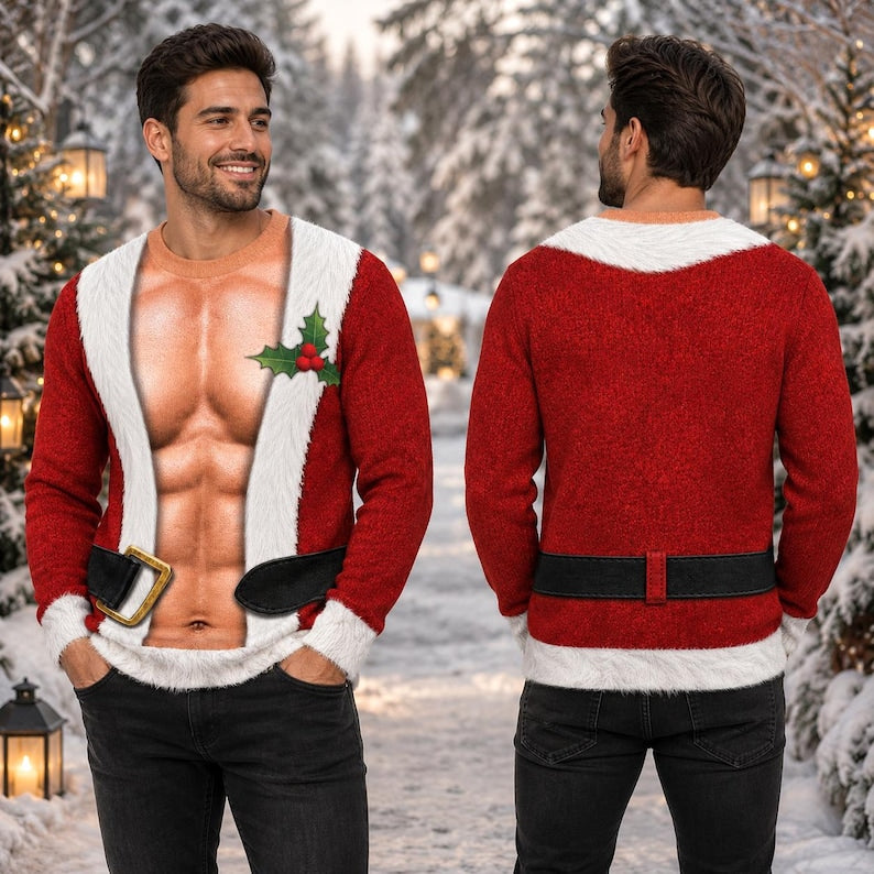 Funny Hairy Chest Santa Christmas Sweater, Realistic 3D Print Red Suit Sweatshirt, Hilarious Holiday Party Outfit, White Elephant Gag