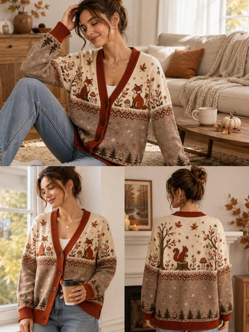 Woodland Fox Cardigan, Cute Forest Animal Sweater, Autumn Nature Knit Cardigan, Cozy Fall Outfit, Squirrel Fox Gift