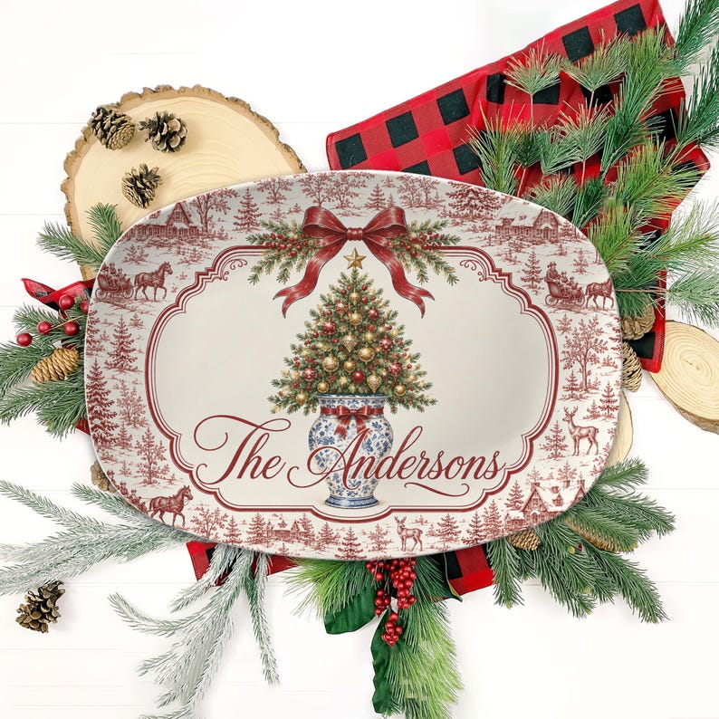 Personalized Christmas Serving Platter, Custom Family Holiday Tray, Festive Table Decor