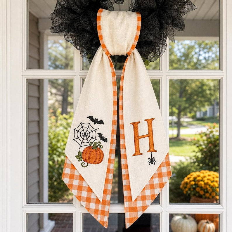 Custom Halloween Wreath Sash, Personalized Embroidered Monogram Door Bow, Spooky Front Door Decor, Fall Porch Decoration
