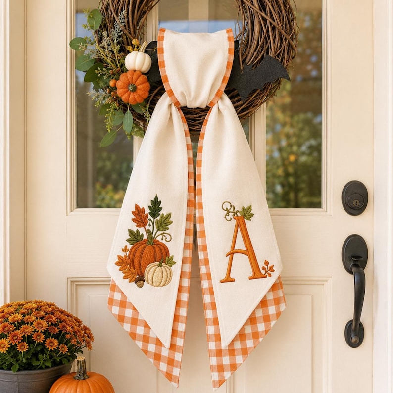Custom Halloween Wreath Sash, Personalized Embroidered Monogram Door Bow, Spooky Front Door Decor, Fall Porch Decoration