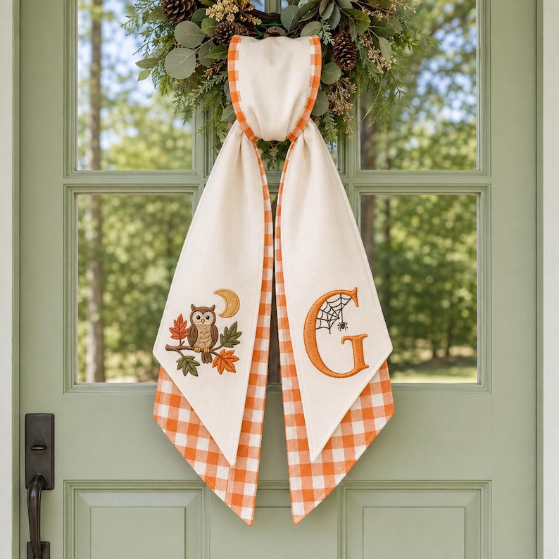 Custom Halloween Wreath Sash, Personalized Embroidered Monogram Door Bow, Spooky Front Door Decor, Fall Porch Decoration
