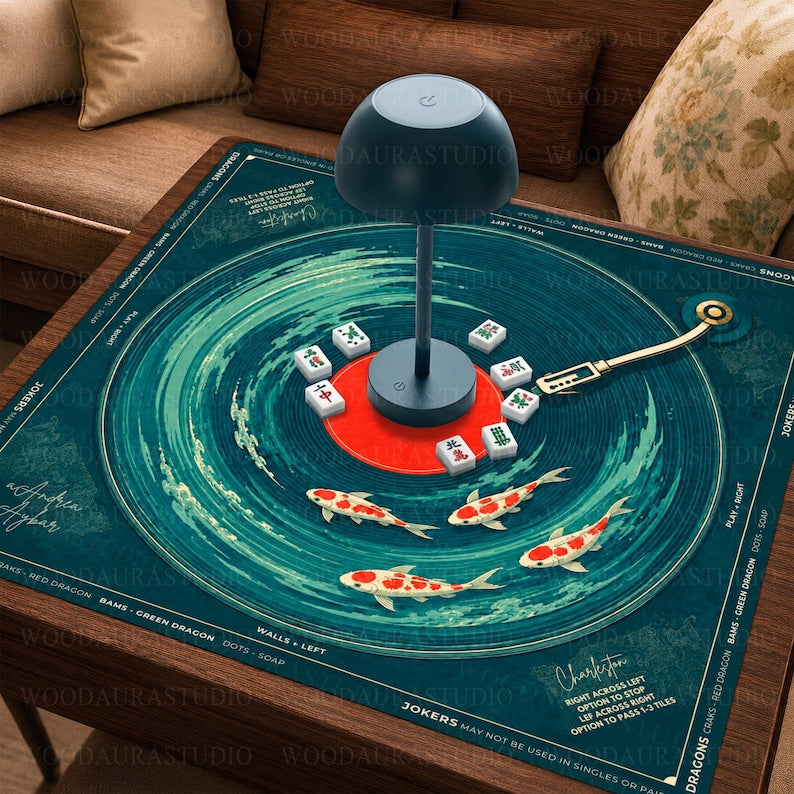 Koi Fish Vinyl Record Mahjong Mat, Japanese Pond Mahjong Table Cover, Charleston Rules Game Mat, Non Slip Table Cover
