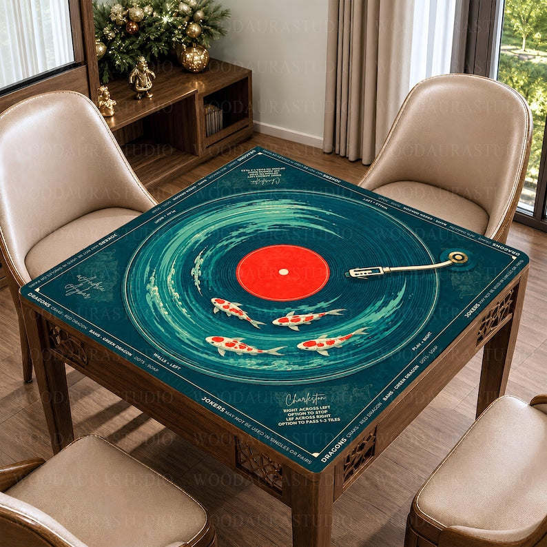 Koi Fish Vinyl Record Mahjong Mat, Japanese Pond Mahjong Table Cover, Charleston Rules Game Mat, Non Slip Table Cover