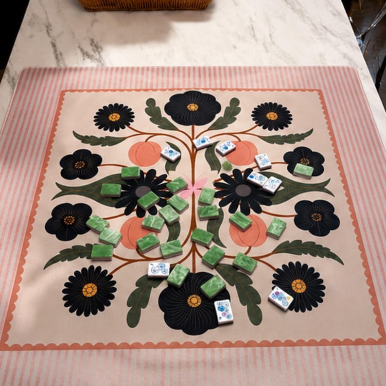 Floral Mahjong Mat, Pink Striped Mahjong Table Mat, Vintage Flower Game Mat