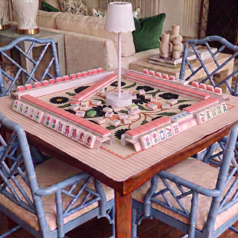 Floral Mahjong Mat, Pink Striped Mahjong Table Mat, Vintage Flower Game Mat
