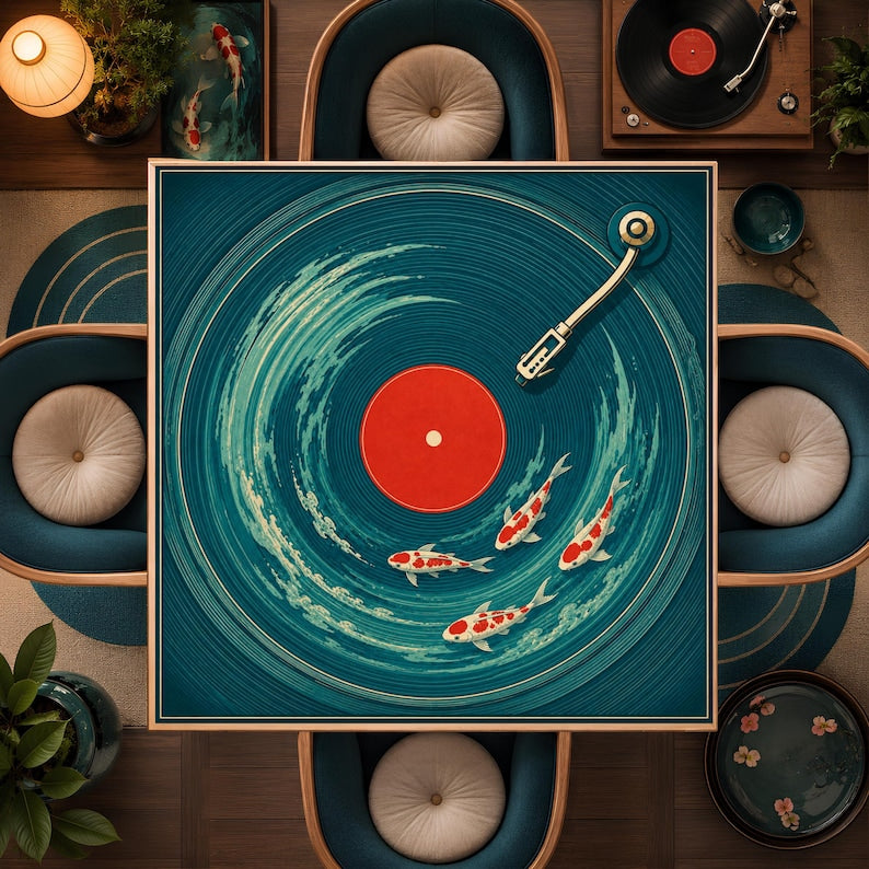 Koi Fish Vinyl Record Mahjong Mat, Japanese Pond Mahjong Table Cover, Charleston Rules Game Mat, Non Slip Table Cover