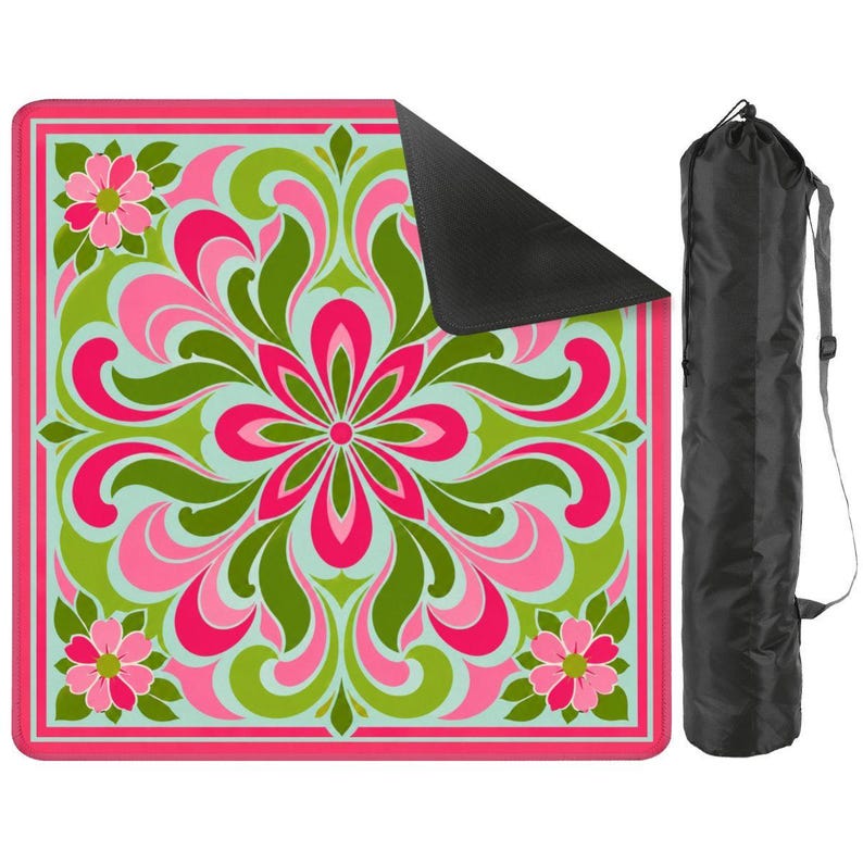 The Day Dreamer Retro Mahjong Mat, Pink Green Groovy Floral Playmat, Non Slip American Mahjong Table Cover