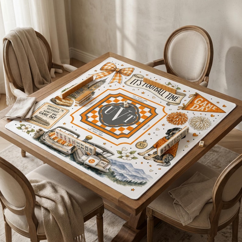 Custom Monogram Orange White Checkerboard Football Mahjong Mat, Game Day Tailgate Table Cover, Alumni Gift